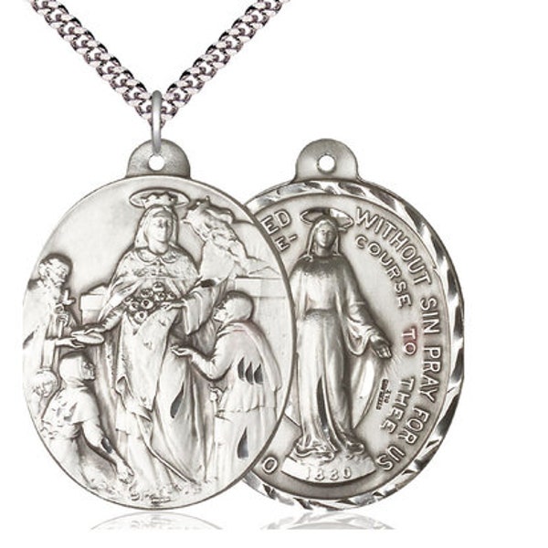 Saint Elizabeth / Immaculate Conception Sterling Silver Pendant on a 24 inch Light Rhodium Heavy Curb Chain.