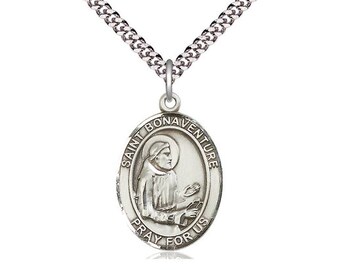 St Bonaventure Sterling Silver Pendant on a 24 inch Light Rhodium Heavy Curb Chain.