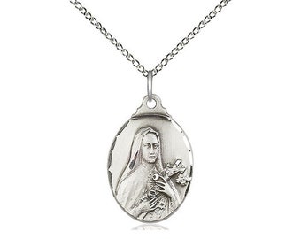 St Theresa Sterling Silver Pendant  on a 18 inch Sterling Silver Light Curb Chain.