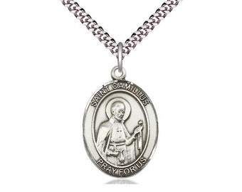 St Camillus of Lellis Sterling Silver Pendant on a 24 inch Light Rhodium Heavy Curb Chain.