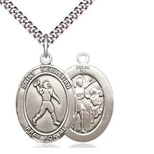 St Sebastian Football Sterling Silver Pendant on a 24 inch Light Rhodium Heavy Curb Chain.