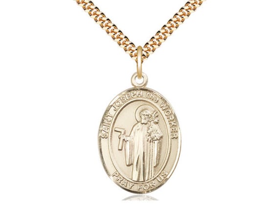 St Joseph the Worker Pendant on a 24 inch Gold Plate Heavy Curb Chain. Etsy