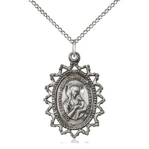 Our Lady of Perpetual Help Sterling Silver Pendant on a 18 inch Sterling Silver Light Curb Chain.
