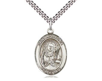 St Apollonia  Sterling Silver Pendant  on a 24 inch Light Rhodium Heavy Curb Chain.