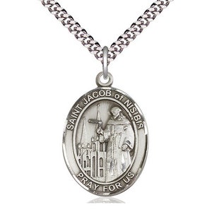 St Jacob of Nisibis Sterling Silver Pendant on a 24 inch Light Rhodium Heavy Curb Chain.