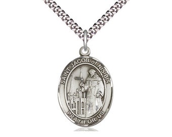 St Jacob of Nisibis Sterling Silver Pendant on a 24 inch Light Rhodium Heavy Curb Chain.