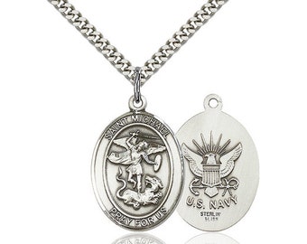 St Michael Navy Sterling Silver Pendant  on a 24 inch Light Rhodium Heavy Curb Chain.