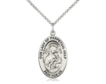 Our Lady of Perpetual Help Sterling Silver Pendant on a 18 inch Sterling Silver Light Curb Chain.