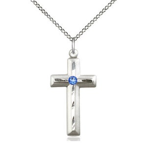 Sterling Silver Cross Pendant with a 3mm Sapphire Swarovski stone on a 18 inch Sterling Silver Light Curb Chain.