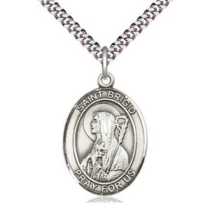 St Brigid of Ireland Sterling Silver Pendant on a 24 inch Light Rhodium Heavy Curb Chain.