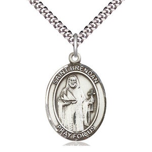 St Brendan the Navigator Sterling Silver Pendant on a 24 inch Light Rhodium Heavy Curb Chain.