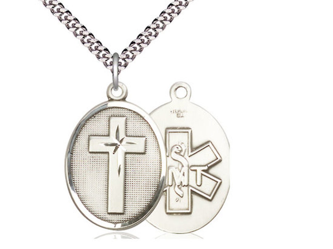 Cross EMT Sterling Silver Pendant on a 24 Inch Light Rhodium Heavy Curb ...