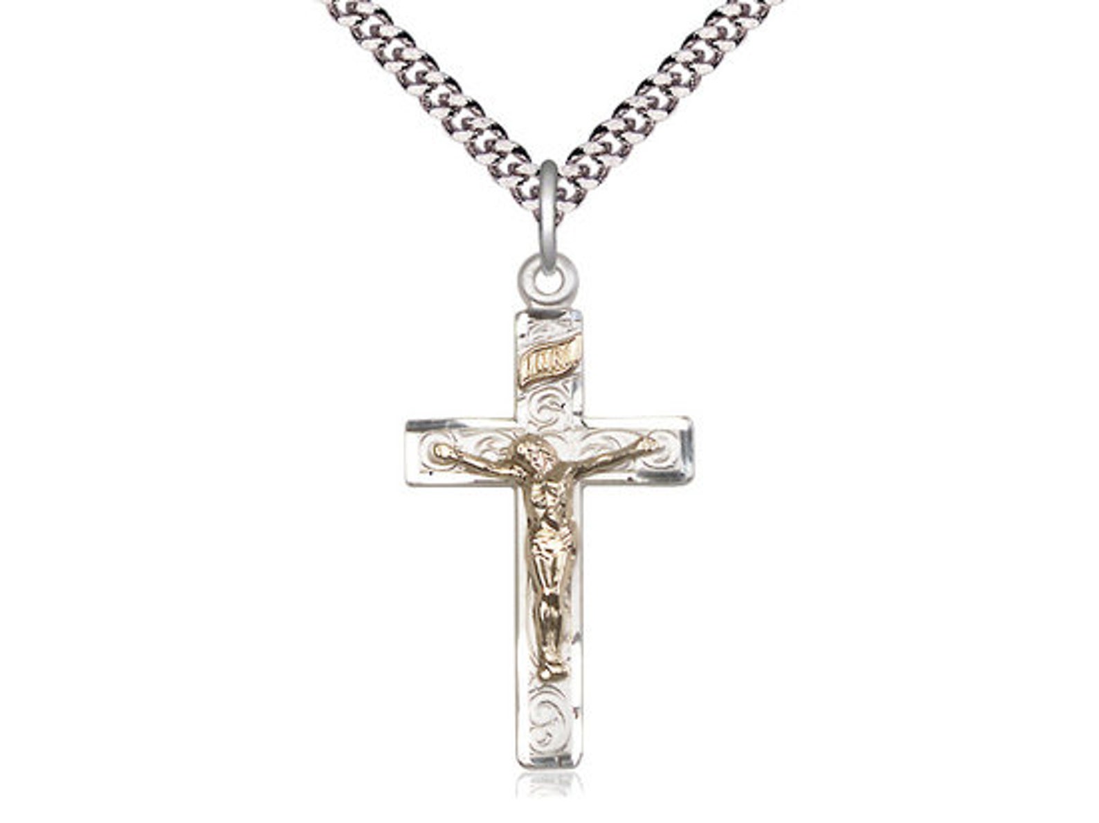 2-tone Sterling Silver Crucifix Pendant on a 24 Inch Light Rhodium ...