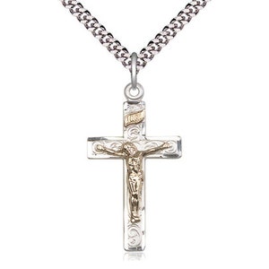 2-Tone Sterling Silver Crucifix Pendant on a 24 inch Light Rhodium Heavy Curb Chain.