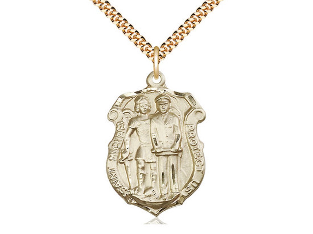 St Michael the Archangel Police Shield 14kt Gold Filled Pendant on a 24 Inch Gold Plate Heavy Curb Chain. Etsy UK