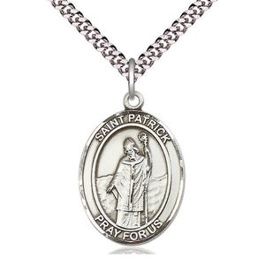 May include: Silver Saint Patrick medal with a depiction of Saint Patrick holding a staff. The medal is oval shaped and has the words "Saint Patrick Pray For Us" inscribed around the edge.