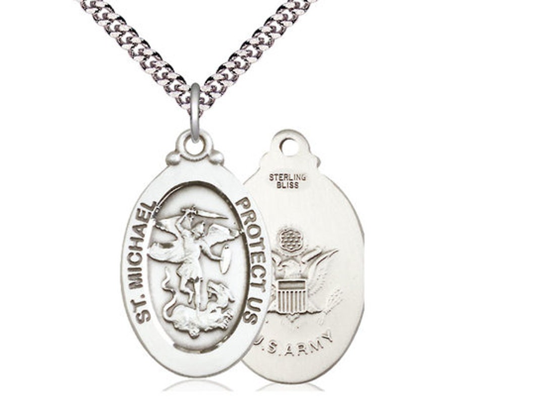 St Michael Army Sterling Silver Pendant on a 24 Inch Light Rhodium ...