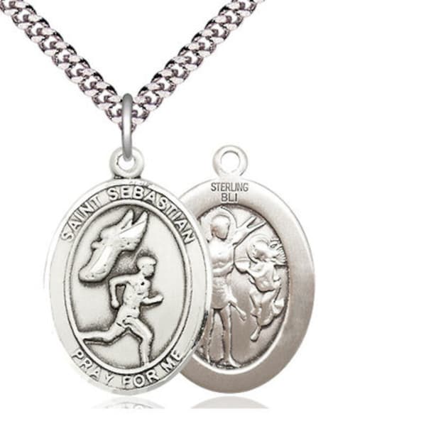 St Sebastian Track & Field Sterling Silver Pendant on a 24 inch Light Rhodium Heavy Curb Chain.