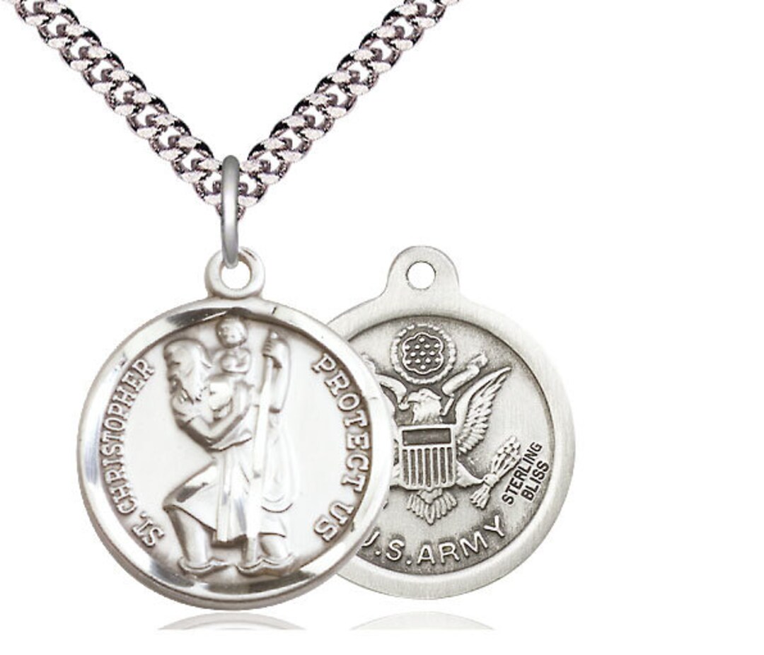 St Christopher Army Sterling Silver Pendant on a 24 Inch Light Rhodium ...