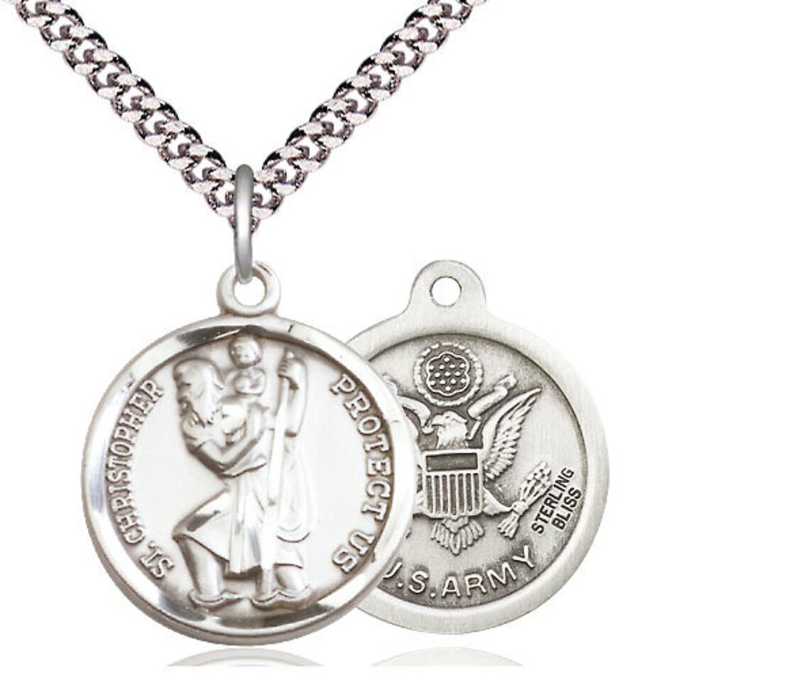 St Christopher Army Sterling Silver Pendant on a 24 Inch Light Rhodium ...