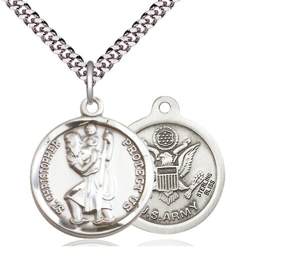 St Christopher Army Sterling Silver Pendant on a 24 Inch Light Rhodium ...