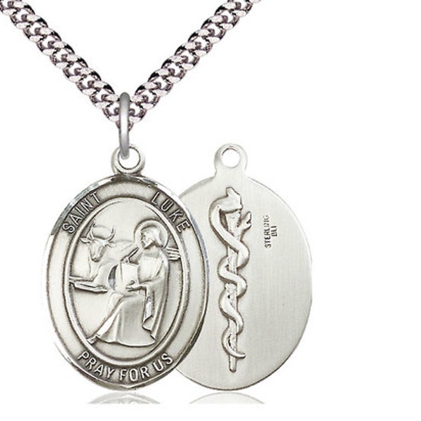 St. Luke the Apostle Doctor Sterling Silver Pendant on a 24 inch Light Rhodium Heavy Curb Chain.