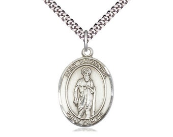 St Nathanael Sterling Silver Pendant on a 24 inch Light Rhodium Heavy Curb Chain.