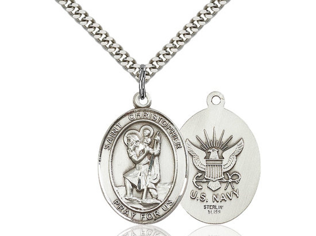 St Christopher Navy Sterling Silver Pendant on a 24 Inch Light Rhodium ...