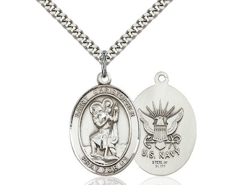 St Christopher Navy Sterling Silver Pendant  on a 24 inch Light Rhodium Heavy Curb Chain.