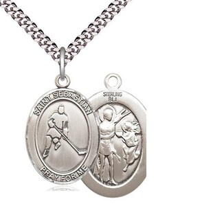 St Sebastian Ice Hockey Sterling Silver Pendant on a 24 inch Light Rhodium Heavy Curb Chain.