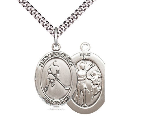 St Sebastian Ice Hockey Sterling Silver Pendant on a 24 Inch Light ...
