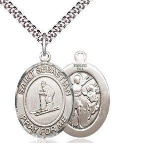 St Sebastian Skiing Sterling Silver Pendant on a 24 inch Light Rhodium Heavy Curb Chain.