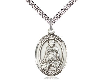 St Daniel Sterling Silver Pendant on a 24 inch Light Rhodium Heavy Curb Chain.