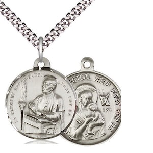 Saint Clement Hofbauer / Our Lady Perpetual Help Sterling Silver Pendant on a 24 inch Light Rhodium Heavy Curb Chain.