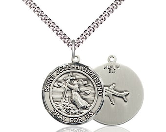 St Joseph of Cupertino Sterling Silver Pendant on a 24 inch Light Rhodium Heavy Curb Chain.