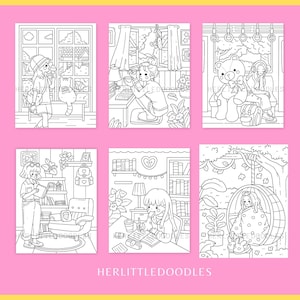 May include: A set of six black and white coloring pages featuring illustrations of people in various settings. The illustrations include a person reading a book in a library, a person sitting on a swing in a tree, a person working at a desk, a person sitting on a bench with a bear, a person walking with a cat, and a person sitting on a train.