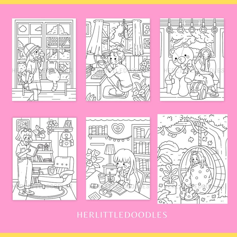 May include: A set of six black and white coloring pages featuring illustrations of people in various settings. The illustrations include a person reading a book in a library, a person sitting on a swing in a tree, a person working at a desk, a person sitting on a bench with a bear, a person walking with a cat, and a person sitting on a train.