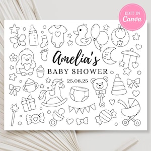 May include: A monochrome baby shower invitation featuring baby-related illustrations such as a duck, teddy bear, and rocking horse. The invitation text reads "Amelia's BABY SHOWER 25.08.25" in a decorative font.