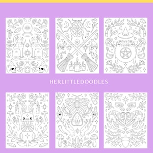 May include: Six black and white printable coloring pages featuring various witchy and magical illustrations. The illustrations include a cat, a cauldron, a moth, a crystal, a rabbit, a broom, a skull, a potion bottle, a candle, a moon, a star, a mushroom, a flower, a hand, a beetle, a witch's hat, and a pentagram.