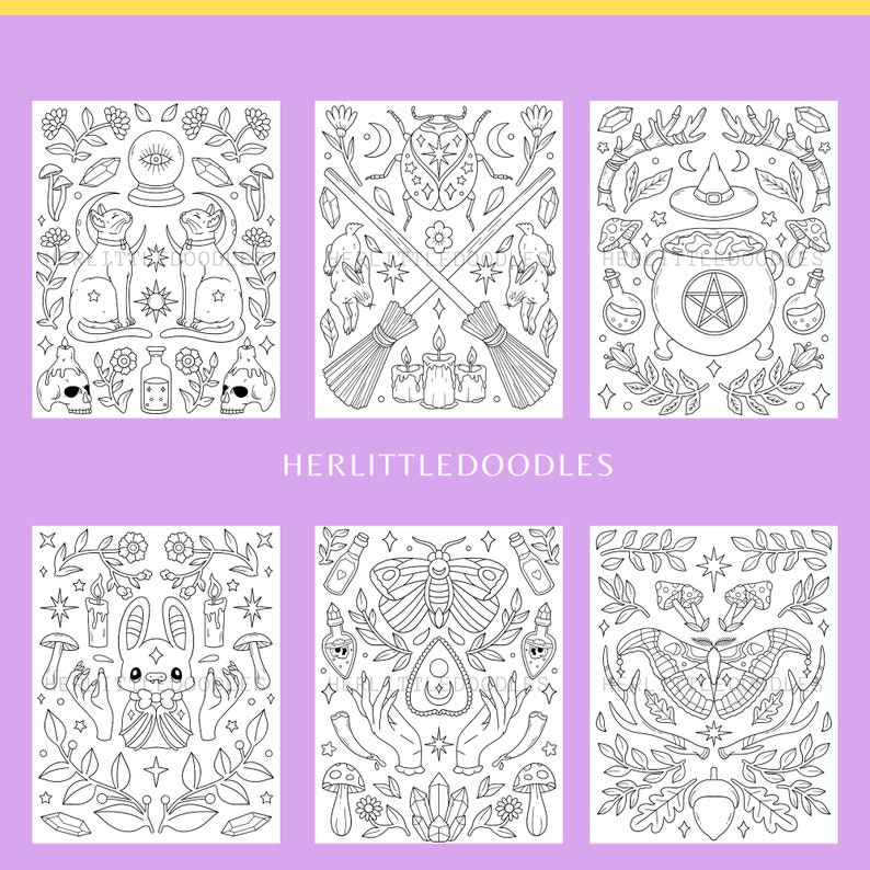 May include: Six black and white printable coloring pages featuring various witchy and magical illustrations. The illustrations include a cat, a cauldron, a moth, a crystal, a rabbit, a broom, a skull, a potion bottle, a candle, a moon, a star, a mushroom, a flower, a hand, a beetle, a witch's hat, and a pentagram.