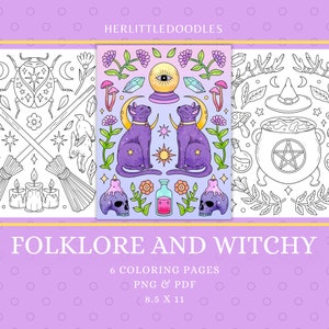 Folklore And Witchy, Coloring Sheets, Coloring Pages For Adults, Coloring Pages, Instant Download, Coloring Book, Spooky Printable