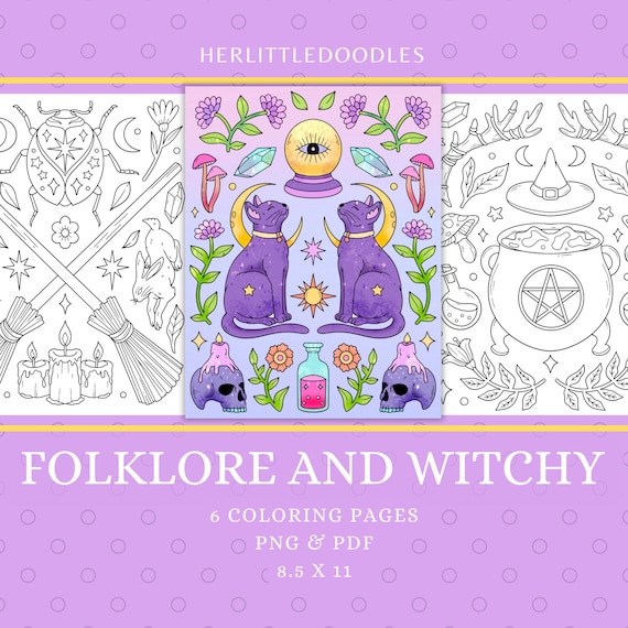 Folklore And Witchy, Coloring Sheets, Coloring Pages For Adults, Coloring Pages, Instant Download, Coloring Book, Spooky Halloween Printable