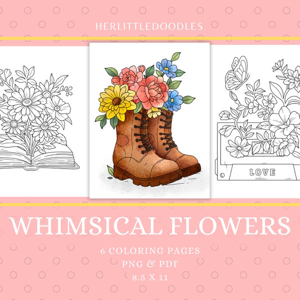 Whimsical Flowers Coloring Page, Coloring Sheets, Coloring Pages For Adults, Coloring Pages, Fantasy, Instant Download, Floral Coloring Page