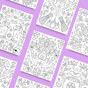 May include: A set of eight printable coloring pages featuring various witchy and magical illustrations. The illustrations include cats, moons, stars, crystals, potions, a cauldron, a witch's hat, a moth, a skull, a hand, a broom, and a crystal ball.