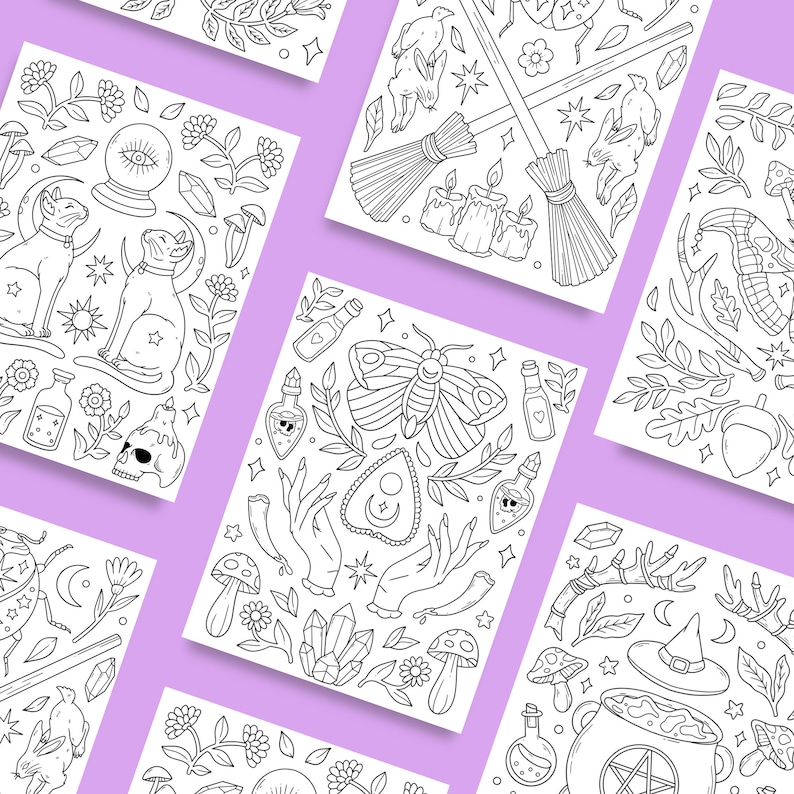 May include: A set of eight printable coloring pages featuring various witchy and magical illustrations. The illustrations include cats, moons, stars, crystals, potions, a cauldron, a witch's hat, a moth, a skull, a hand, a broom, and a crystal ball.