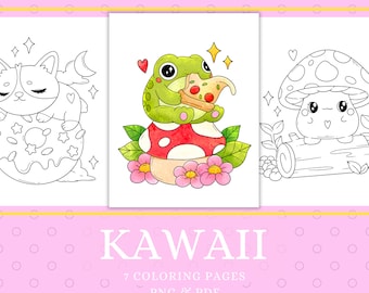 Kolorowanki Kawaii, Arkusze do kolorowania, Ręcznie rysowane kolorowanki dla dorosłych, Kolorowanki, Do pobrania natychmiast, Urocza kolorowanka