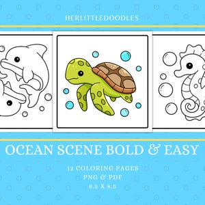 May include: A set of 12 coloring pages featuring ocean animals. The pages include a turtle, a dolphin, and a seahorse. The pages are 8.5 inches by 8.5 inches and are available in PNG and PDF formats.
