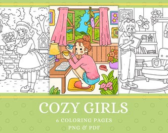 Cozy Girls Coloring Pages, Easy Printable PDF PNG, Hand-Drawn Pages for iPad, Procreate, Digital Coloring Pages, Cozy Girl Moments