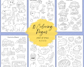 Hand Drawn Printable Coloring Pages: Animals, Fairy Houses, Trucks, Coloring Sheets for Adults and Kids Digital Download PNG and PDF