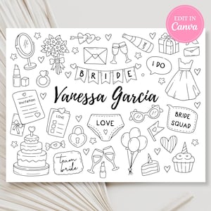 Könnte beinhalten: Schwarz-Weiß-Illustration mit Elementen zum Thema Hochzeit. Enthält einen Spiegel, einen Blumenstrauß, ein Banner mit der Aufschrift "BRIDE", ein Kleid, eine Einladung, einen Kuchen, Unterwäsche mit "LOVE", eine Sonnenbrille, eine Sprechblase mit "I DO" und "BRIDE SQUAD". Der Name "Vanessa Garcia" ist ebenfalls vorhanden.
